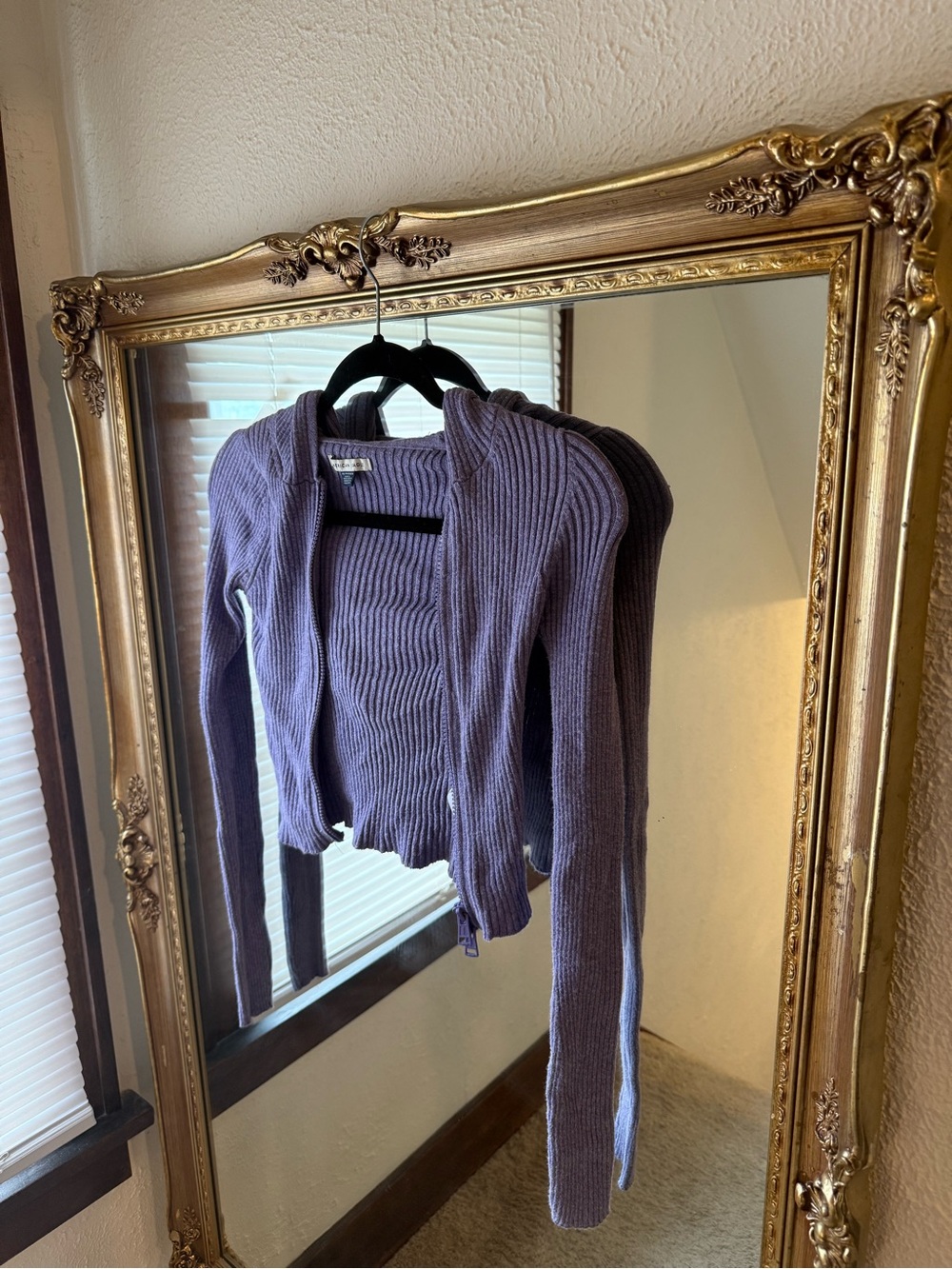 American Eagle purple ribbed knit hooded cardigan